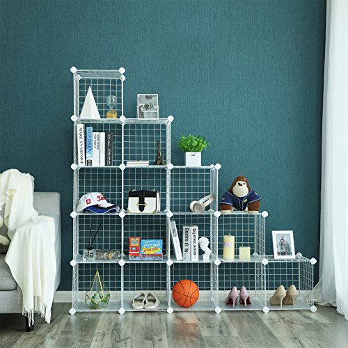 Organizator de depozitare metalic cu 16 cuburi, Dulap modular DIY si grile de rafturi din sarma, rafturi din plasa metalica si suport, Alb SONGMICS