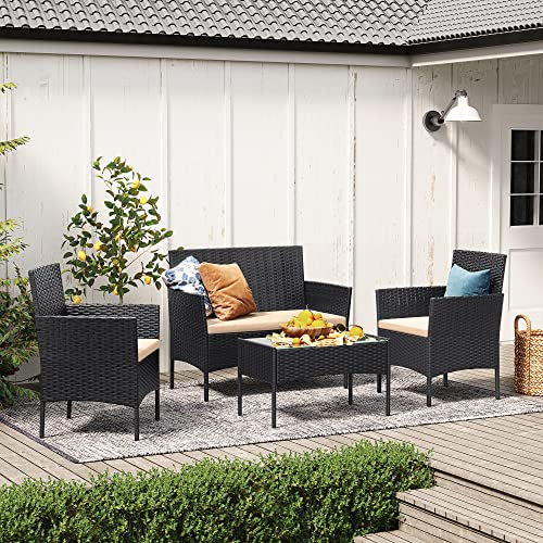 Set de Mobilier pentru Balcon  , Mobilier de Gradina din PE Poliratan, Set de Lounge pentru Curte cu Masa si Scaune, Mobilier de Gradina pentru Balcon si Curte, Negru Bej SONGMICS