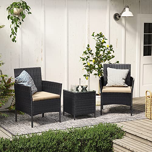 Set de Mobilier pentru Balcon  , Mobilier de Gradina din PE Poliratan, Set de Lounge cu Masa si 2 Scaune, Mobilier de Gradina pentru Balcon si Curte, Negru Bej SONGMICS