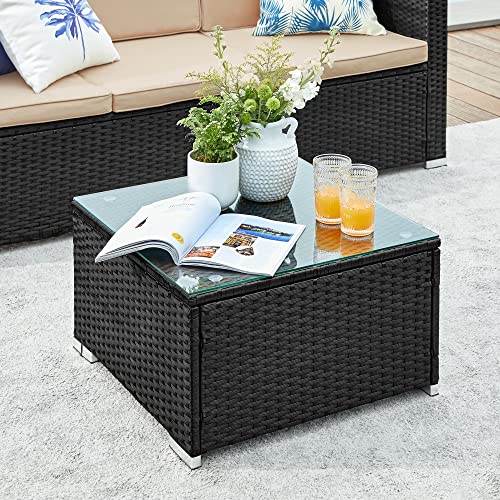 Set de Mobilier pentru Balcon  , Mobilier de Gradina din PE Poliratan, Set de Lounge cu Perne si Masa cu Blat de Sticla, Mobilier de Curte cu Canapea Coltar pentru Balcon si Curte, Negru Bej SONGMICS