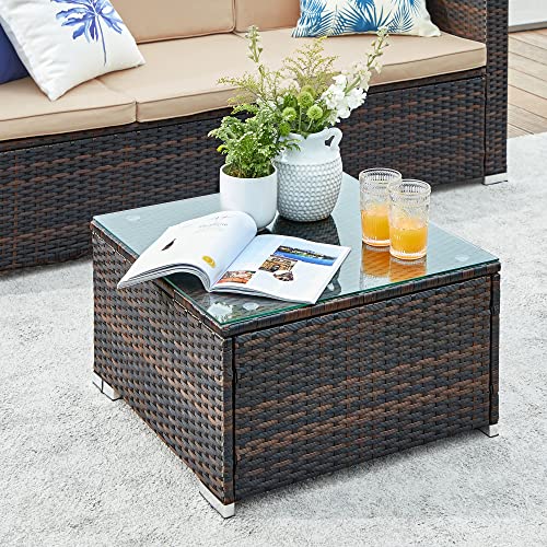 Set de Mobilier pentru Balcon  , Mobilier de Gradina din PE Poliratan, Set de Lounge cu Perne si Masa cu Blat de Sticla, Mobilier de Curte cu Canapea Coltar pentru Balcon si Curte, Maro Bej SONGMICS