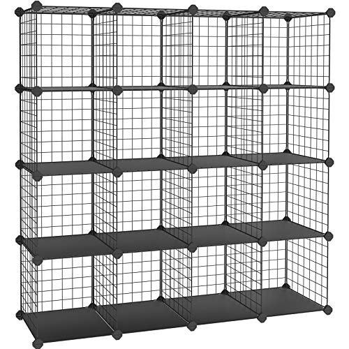 Organizator de depozitare metalic cu 16 cuburi, Dulap modular DIY si grile de rafturi din sarma, rafturi din plasa metalica si suport, Negru SONGMICS