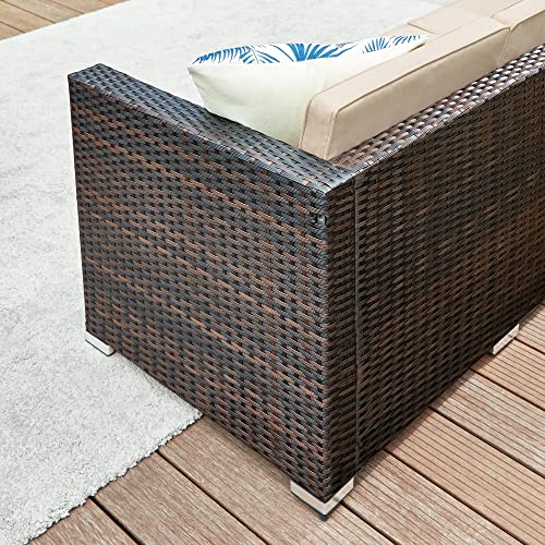 Set de Mobilier pentru Balcon  , Mobilier de Gradina din PE Poliratan, Set de Lounge cu Perne si Masa cu Blat de Sticla, Mobilier de Curte cu Canapea Coltar pentru Balcon si Curte, Maro Bej SONGMICS