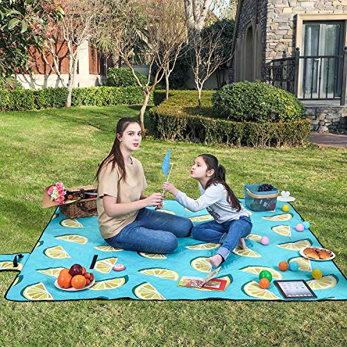Patura de picnic, 200 x 150 cm, covoras mare de picnic si saltea pentru plaja, parc, curte, in aer liber, cu strat impermeabil, lavabila la masina, pliabila, model lamaie SONGMICS
