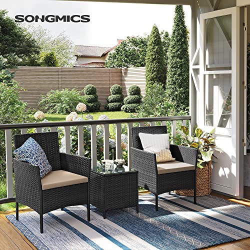 Set de Mobilier pentru Balcon  , Mobilier de Gradina din PE Poliratan, Set de Lounge cu Masa si 2 Scaune, Mobilier de Gradina pentru Balcon si Curte, Negru Bej SONGMICS