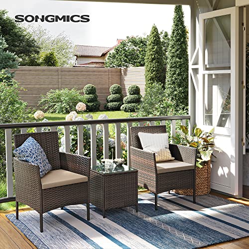 Set de Mobilier pentru Balcon  , Mobilier de Gradina din PE Poliratan, Set de Lounge cu Masa si 2 Scaune, Mobilier de Gradina pentru Balcon si Curte, Maro Bej SONGMICS