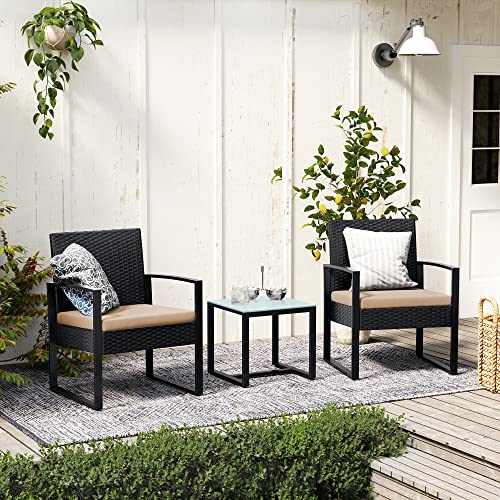 Set de Mobilier pentru Balcon  , Mobilier de Gradina din PE Poliratan, Set de Lounge cu Masa si 2 Scaune, Mobilier de Curte pentru Montaj Usor pentru Balcon si Curte, Negru/Bej SONGMICS