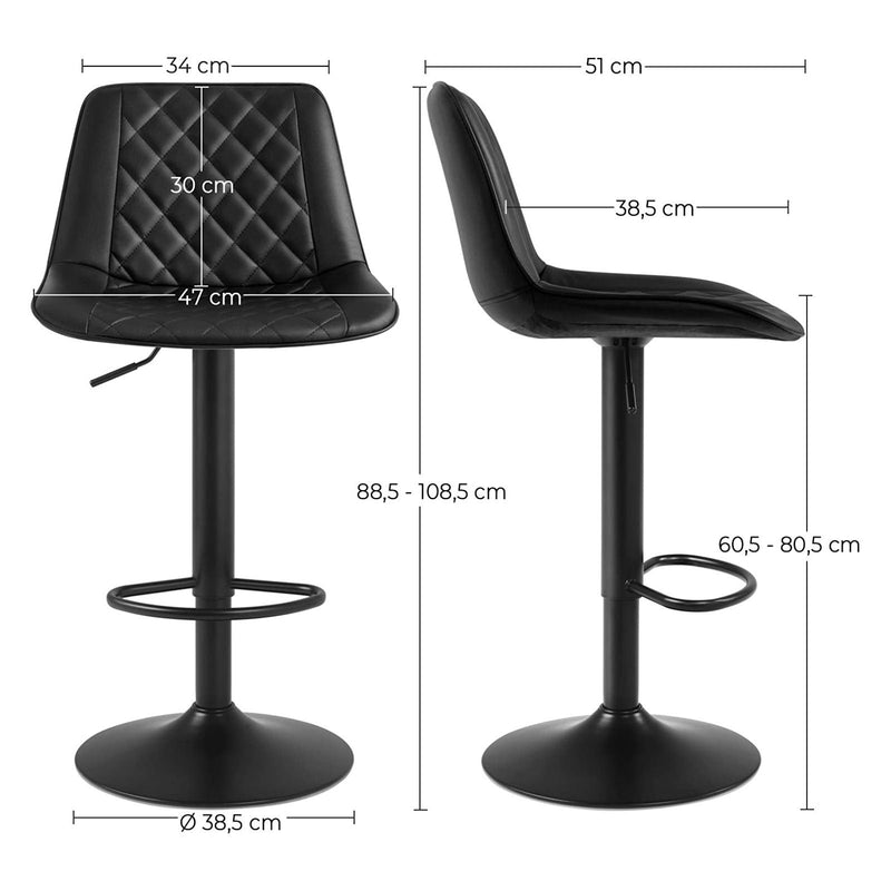 Set de 2 Scaune de Bar cu inaltime Reglabila din Metal, Cu Spatar si Suport pentru Picioare, Cu Husa si Umplutura din PU pentru Dining Room, Bucatarie, Camera de Zi, suportand pana la 120 kg SONGMICS