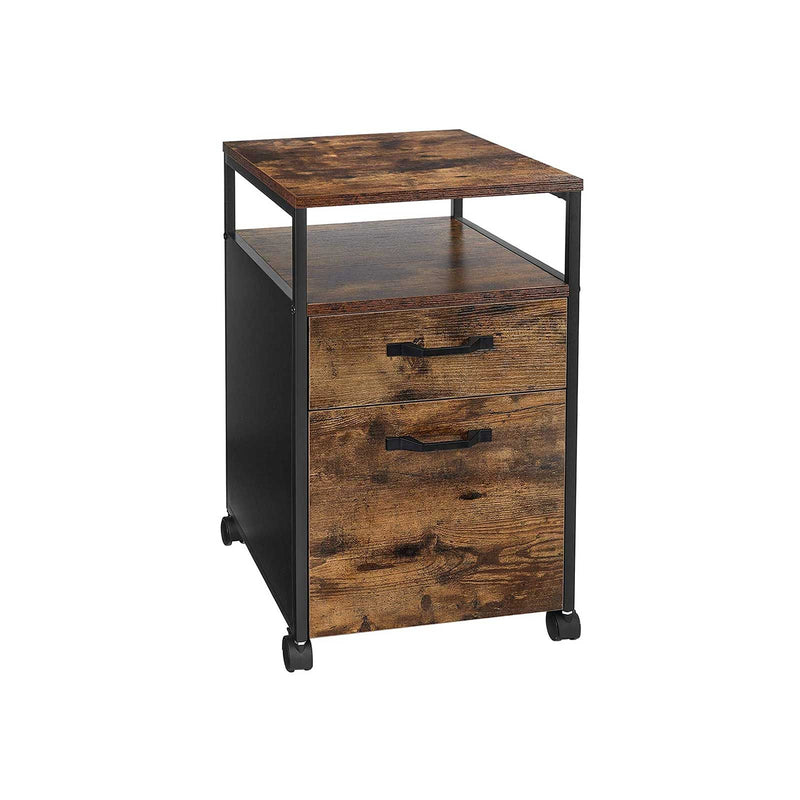 Cabinet de Fisiere  cu 2 Sertare, Cabinet de Arhivare de Birou cu Roti, Compartiment Deschis, Cadru din Otel, Stil Industrial, Maro Rustic si Negru, VASAGLE