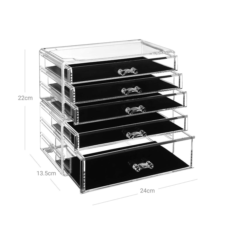 Organizator pentru Machiaj, Set de 2 Cutii de Depozitare pentru Bijuterii si Cosmetice, Suprapunere, cu 5 Sertare, Polistiren Transparent SONGMICS