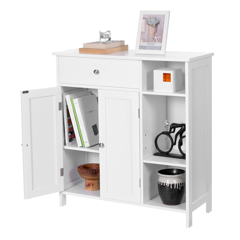 Cabinet pentru Baie, Unitate Organizatoare de Depozitare, Dulap cu Sertar, 3 Compartimente Deschise, Rafturi Reglabile, 2 Usi, 75 x 30 x 80 cm, Stil Nordic Scandinavian, Alb Mat ., VASAGLE