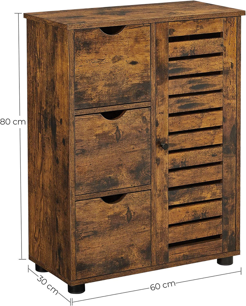 Cabinet pentru Baie, Unitate de Depozitare din Lemn cu 3 Sertare, Usa Simpla cu 2 Rafturi Reglabile, pentru Camera de Zi, Bucatarie, Hol, Maro Rustic ., VASAGLE