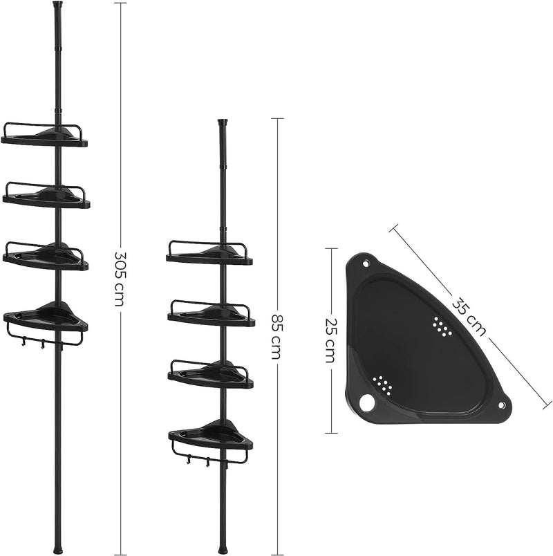 Raft de colt ajustabil pentru baie , suport pentru dus telescopic, 85-305 cm, de la podea la tavan, cu 4 tavi, 3 carlige, negru SONGMICS