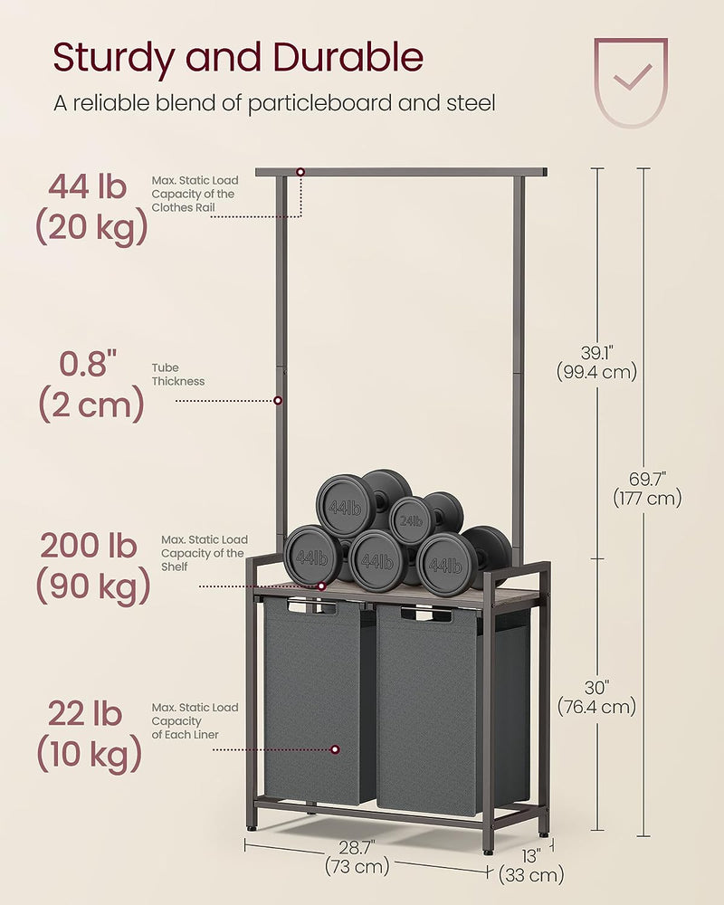 Cesta de rufe cu 2 compartimente, cos de rufe cu saci detasabili si suport, 2 x 12.1 galoni, 72.7 x 33 x 176.5 cm, Gri deschis si Negru, VASAGLE