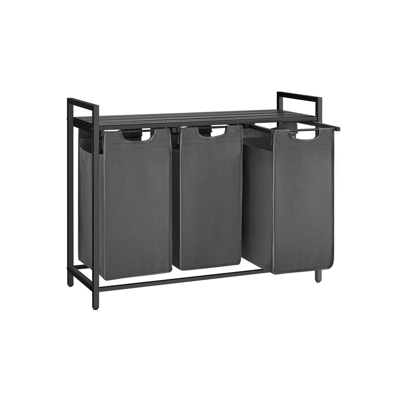 Cos de rufe, cu 3 compartimente, saci de rufe detasabili si extensibili, sortator de rufe, 1 raft de depozitare, cu rama metalica, 3 x 38l, negru si gri, 92,5 x 33 x 72 cm, VASAGLE