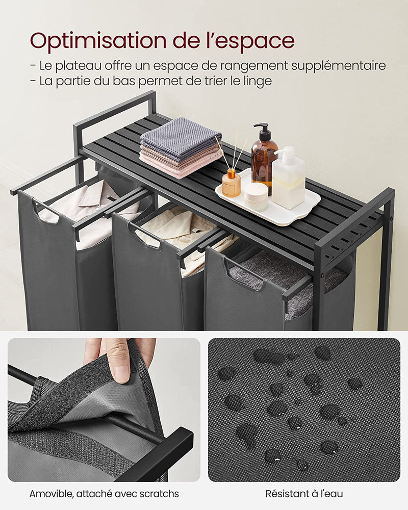 Cos de rufe, cu 3 compartimente, saci de rufe detasabili si extensibili, sortator de rufe, 1 raft de depozitare, cu rama metalica, 3 x 38l, negru si gri, 92,5 x 33 x 72 cm, VASAGLE