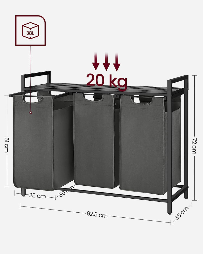 Cos de rufe, cu 3 compartimente, saci de rufe detasabili si extensibili, sortator de rufe, 1 raft de depozitare, cu rama metalica, 3 x 38l, negru si gri, 92,5 x 33 x 72 cm, VASAGLE