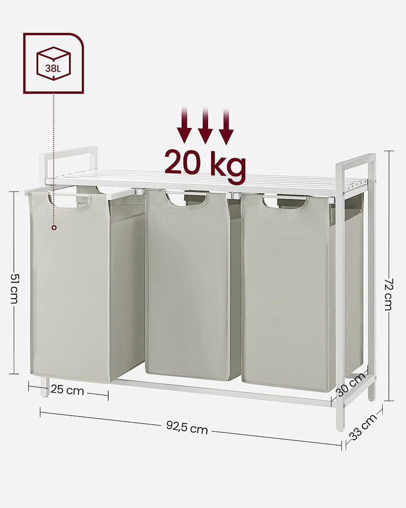 Laundry Basket, 3-Compartment Laundry Hamper, Pull-Out and Removable Laundry Bags, Laundry Sorter, Shelf, Metal Frame, 3 x 38L, 92.5 x 33 x 72 cm, White, VASAGLE