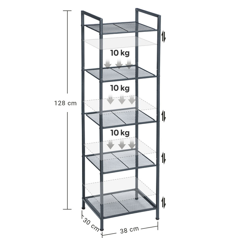 Etagera de baie din metal, Etagera de bucatarie cu 5 rafturi, Etagera de baie cu blat de expunere, Rafturi reglabile, Design industrial pentru baie, bucatarie, Negru SONGMICS