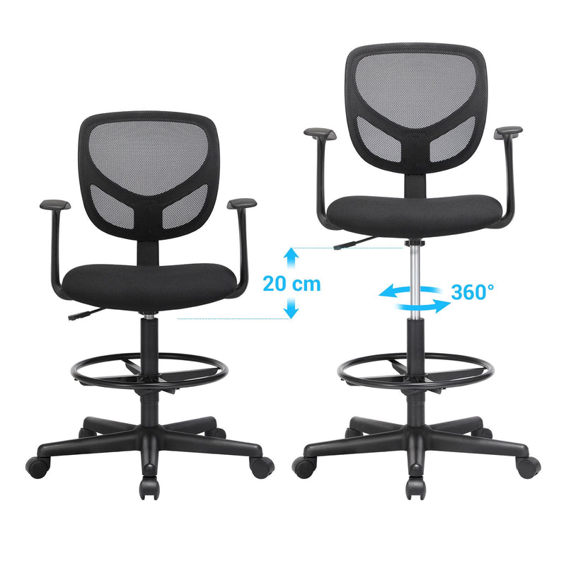 Scaun de birou  ergonomic cu suport pentru brate, inaltimea sezutului 55-75 cm, scaun de lucru inalt cu inel de picior reglabil, capacitate de incarcare 120 kg, negru SONGMICS