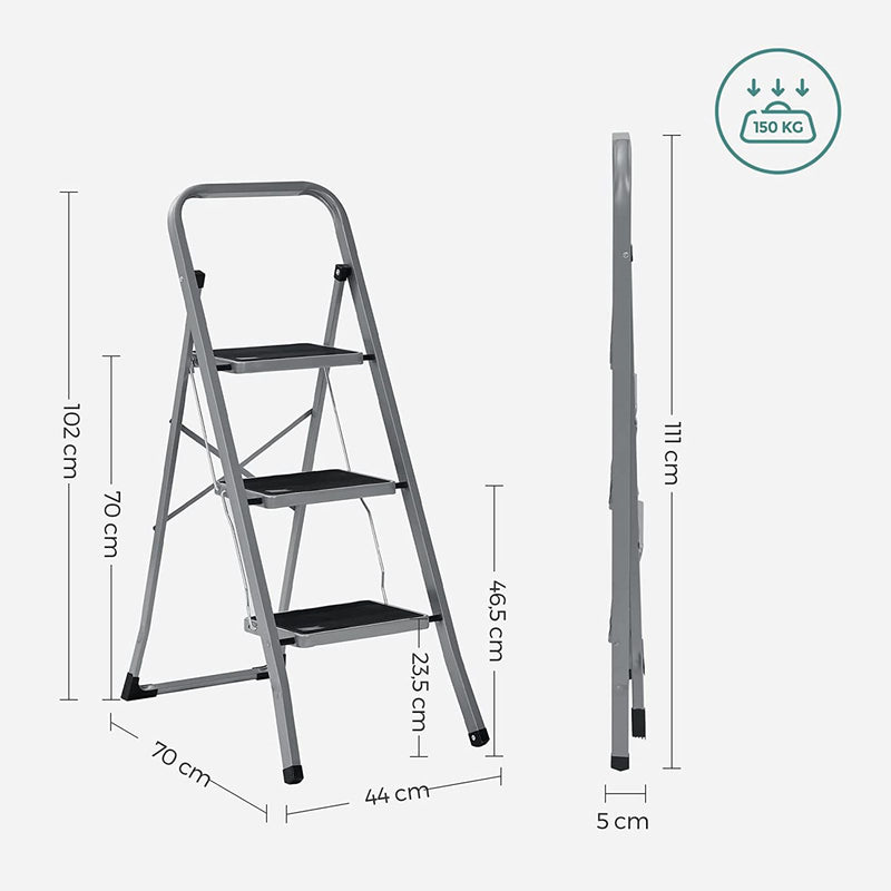 Scarita cu 3 Trepte, Scarita Pliabila, Trepte Late de 20 cm Acoperite cu Cauciuc Antiderapant, Talpi din Cauciuc, Maner, Capacitate Statica Maxima 150 kg, Otel, Gri si Negru SONGMICS