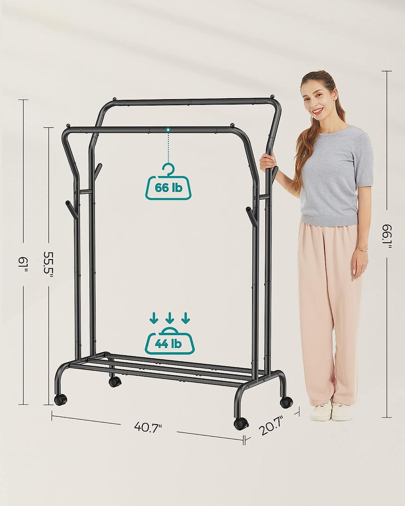 Bara de haine, Suport de haine, Cu doua bare de atarnat, Cadru metalic rezistent, Cu roti si raft, incarcare totala maxima 100 kg, Latime 103,5 cm, Depozitare haine, Negru SONGMICS