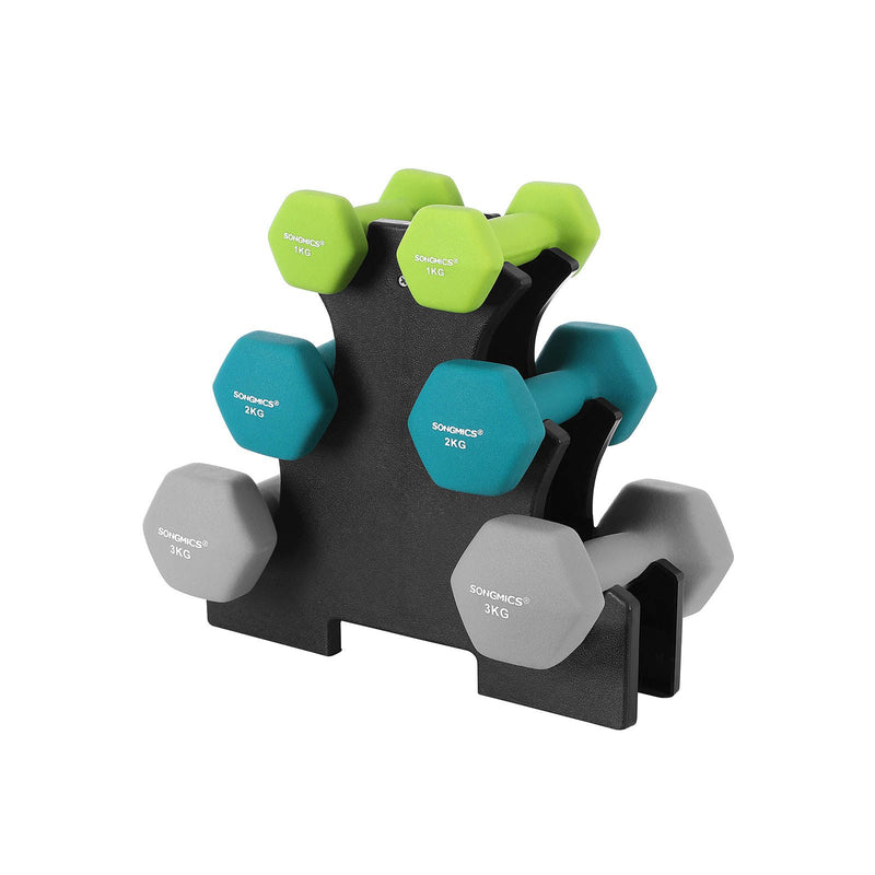 Set de gantere hexagonale  cu suport - 2 x 1 kg, 2 x 2 kg, 2 x 3 kg, finisaj mat din neopren, gantere de mana pentru exercitii acasa, lime, teal si gri deschis SONGMICS