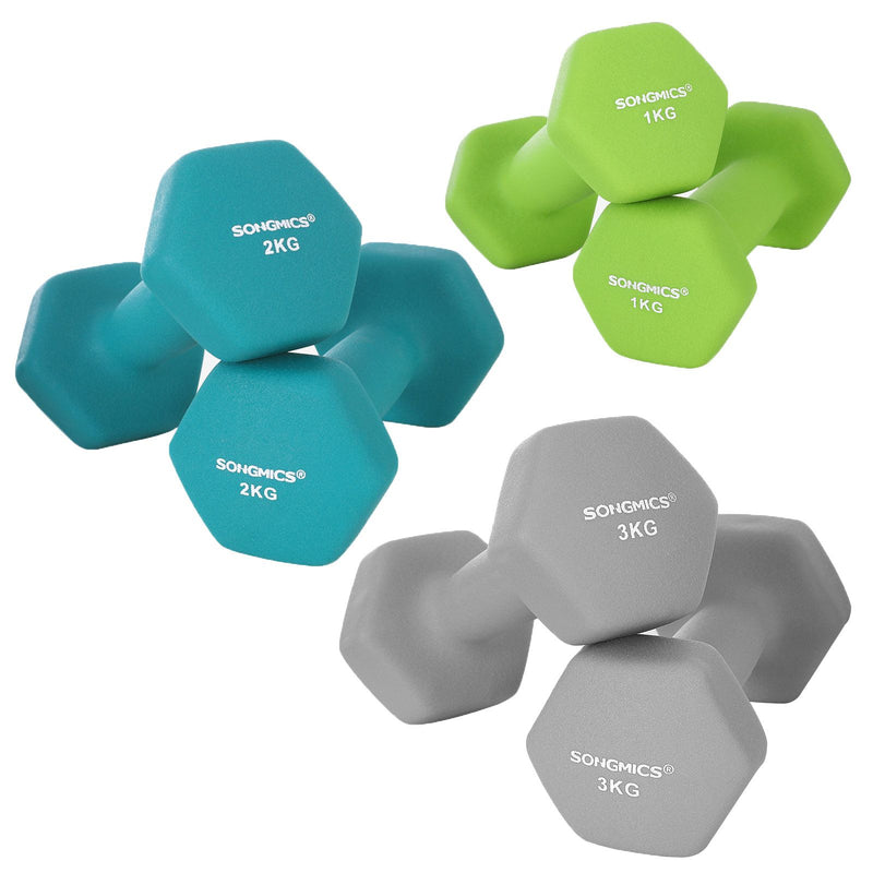 Set de gantere hexagonale  cu suport - 2 x 1 kg, 2 x 2 kg, 2 x 3 kg, finisaj mat din neopren, gantere de mana pentru exercitii acasa, lime, teal si gri deschis SONGMICS