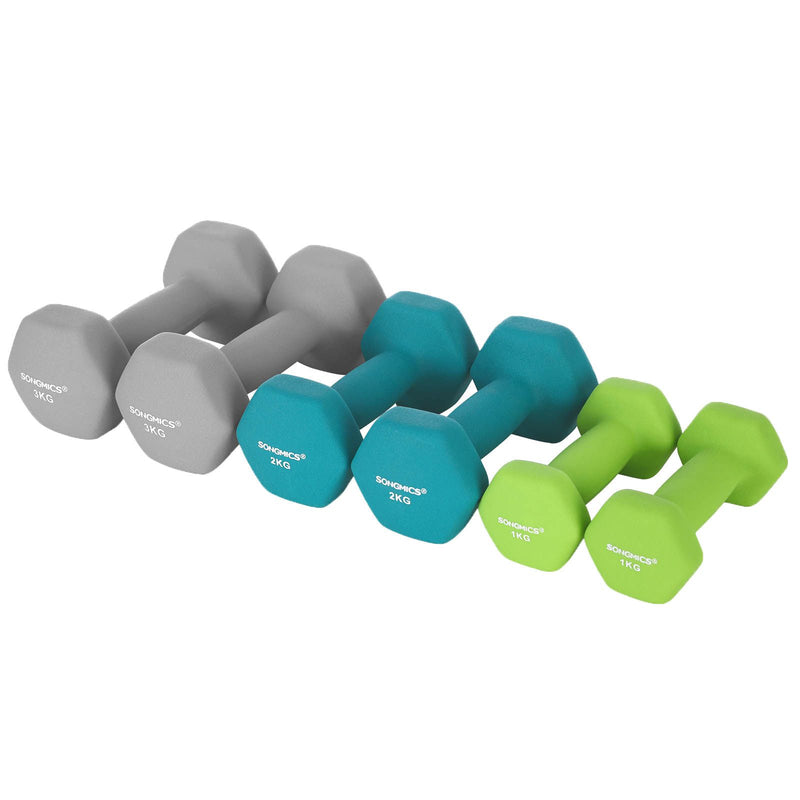 Set de gantere hexagonale  cu suport - 2 x 1 kg, 2 x 2 kg, 2 x 3 kg, finisaj mat din neopren, gantere de mana pentru exercitii acasa, lime, teal si gri deschis SONGMICS