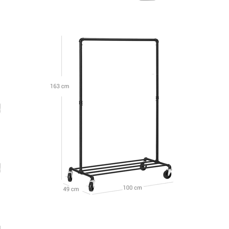 Suport de haine rezistent din metal pe roti, Suporta 90 kg, Design industrial, Cu o bara de haine si raft, pentru Dormitor si Camera de spalat, Negru SONGMICS