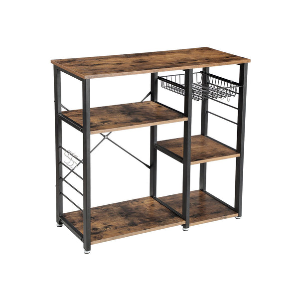 Rack de Bucatar , Polita de Bucatarie cu Structura din Otel, Cos Metalic si 6 Carlige, Depozitare Multifunctionala pentru Mini Cuptor, Condimente si Ustensile, Industrial, Maro Rustic si Negru, VASAGLE