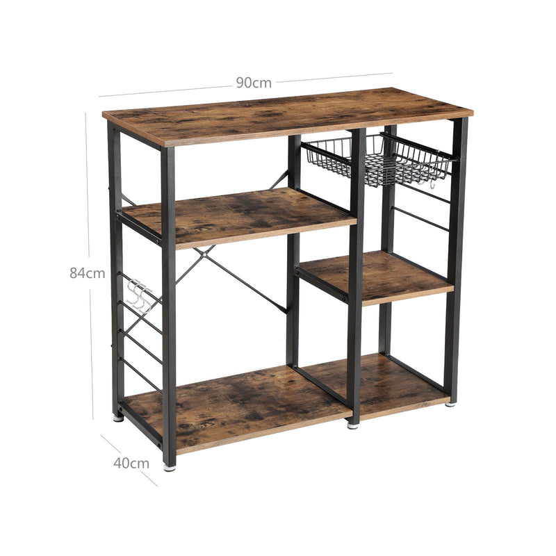 Rack de Bucatar , Polita de Bucatarie cu Structura din Otel, Cos Metalic si 6 Carlige, Depozitare Multifunctionala pentru Mini Cuptor, Condimente si Ustensile, Industrial, Maro Rustic si Negru, VASAGLE