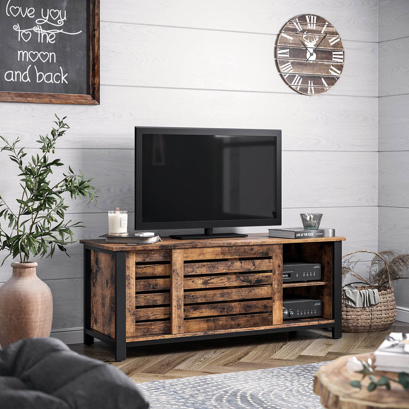 Stand TV Industrial pentru Televizoare de pana la 48 de Inch, Cabinet TV cu Usi Glisante si 2 Rafturi, Lowboard in Camera de Zi, Dormitor, Hol, Otel, 110 x 40 x 45 cm, Maro Rustic, VASAGLE