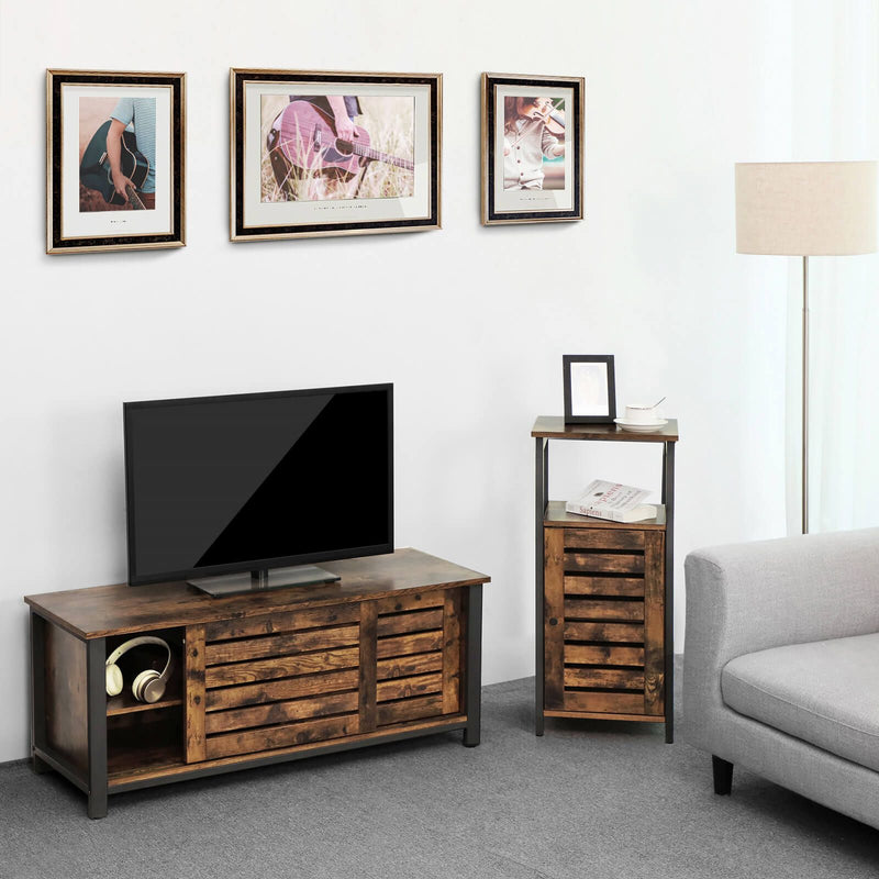 Stand TV Industrial pentru Televizoare de pana la 48 de Inch, Cabinet TV cu Usi Glisante si 2 Rafturi, Lowboard in Camera de Zi, Dormitor, Hol, Otel, 110 x 40 x 45 cm, Maro Rustic, VASAGLE