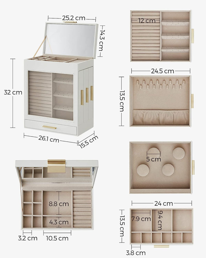 Cutie pentru Bijuterii  cu Fereastra de Sticla, Organizator de Bijuterii cu 5 Straturi si 3 Sertare Laterale, Stocare pentru Bijuterii, cu Spatiu de Stocare Vertical, Oglinda Mare, Stil Modern, Alb Nor si Aur SONGMICS