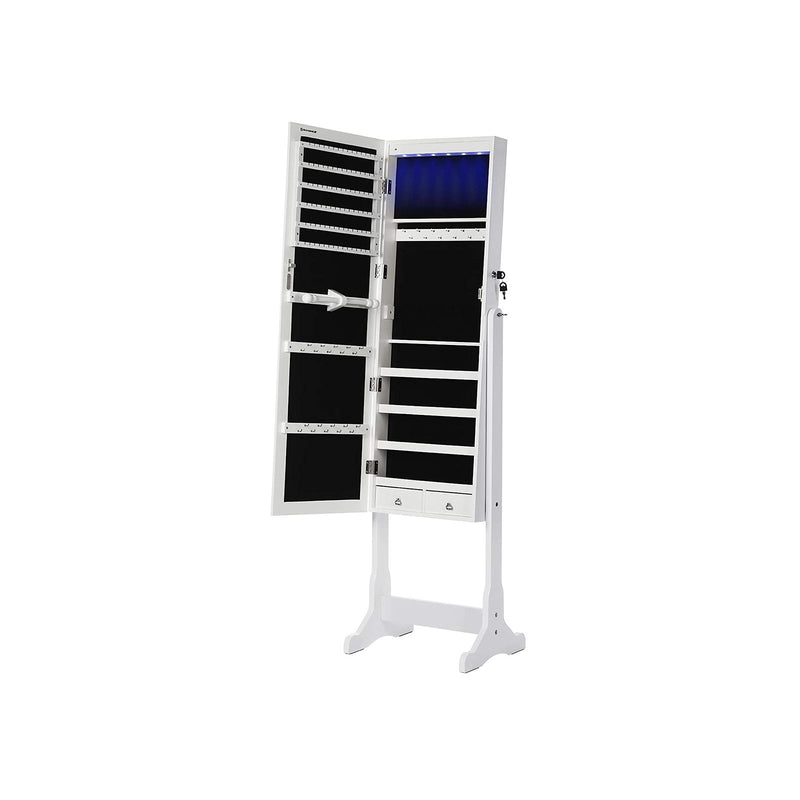 Dulap pentru Bijuterii  cu Iluminare LED, Armoire cu Oglinzi de Lungime Integrala pentru Bijuterii, Organizator de Bijuterii cu inchidere si 2 Sertare, Solid si Elegant, Cadou Ideal, Alb SONGMICS