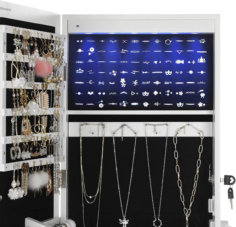 Dulap pentru Bijuterii  cu Iluminare LED, Armoire cu Oglinzi de Lungime Integrala pentru Bijuterii, Organizator de Bijuterii cu inchidere si 2 Sertare, Solid si Elegant, Cadou Ideal, Alb SONGMICS