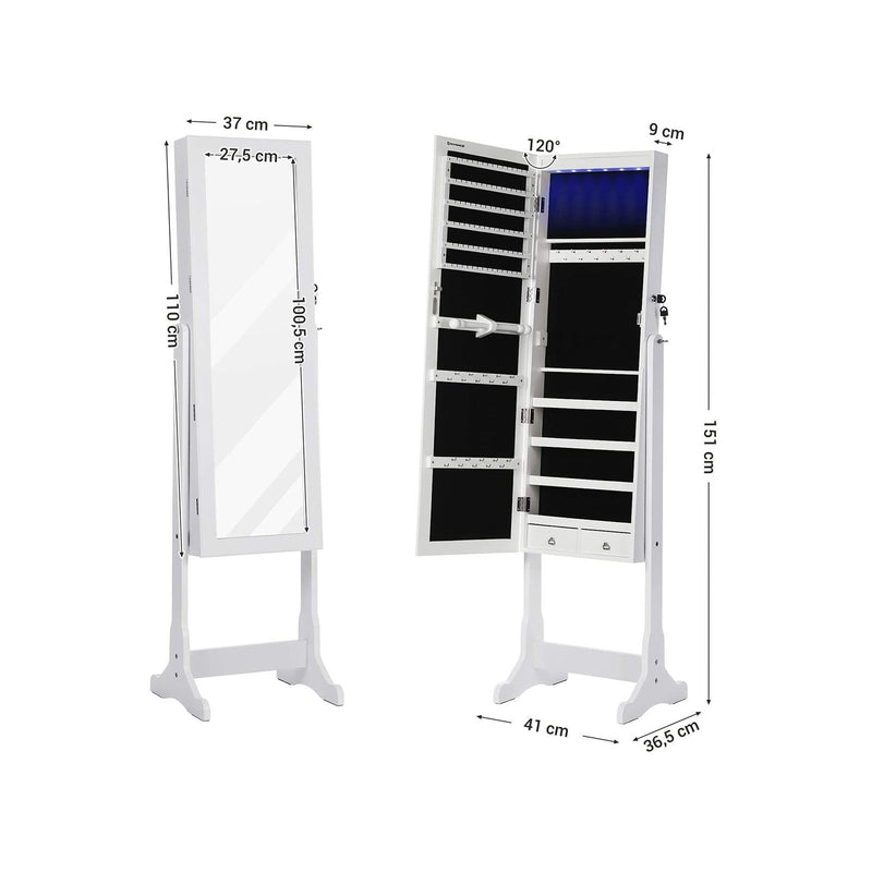 Dulap pentru Bijuterii  cu Iluminare LED, Armoire cu Oglinzi de Lungime Integrala pentru Bijuterii, Organizator de Bijuterii cu inchidere si 2 Sertare, Solid si Elegant, Cadou Ideal, Alb SONGMICS