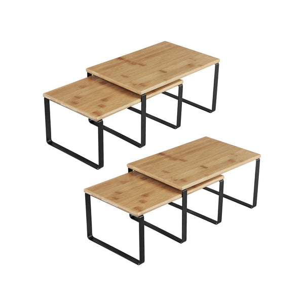 Organizatoare pentru dulapuri de bucatarie, Set de 4 rafturi pentru blat, rafturi de depozitare extensibile, Metal si Bambus, Negru si Natural SONGMICS