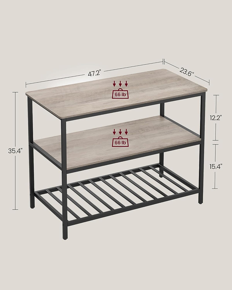 Insula de Bucatarie  cu 3 Polite, Polita de Bucatarie de 47.2 Inch cu Blat Mare, Structura Stabila din Otel, Industriala, Usor de Asamblat, Greige si Negru U, VASAGLE