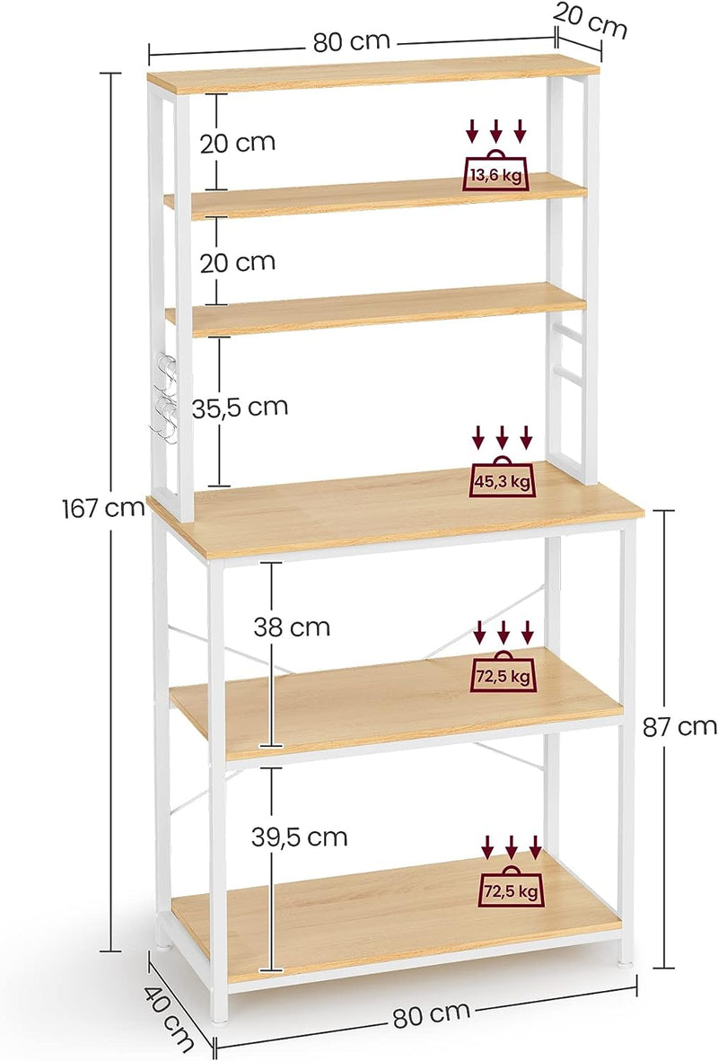 Polita de Bucatarie  cu Stand, Polita pentru Cuptorul cu Microunde, 6 Polite si 6 Carlige, Structura din Otel pentru Cuptorul cu Microunde, Design Industrial, 40 x 80 x 167 cm, Stejar Alb, VASAGLE