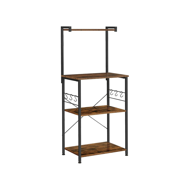 Rack de Bucatarie  cu 3 Polite, Rack de Bucatarie cu 6 Carlige in Forma de S, Design Industrial, Polita pentru Cuptorul cu Microunde, Ustensile de Gatit, Condimente, Oale si Tigai, Maro Vintage-Negru, VASAGLE