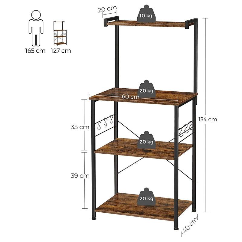 Rack de Bucatarie  cu 3 Polite, Rack de Bucatarie cu 6 Carlige in Forma de S, Design Industrial, Polita pentru Cuptorul cu Microunde, Ustensile de Gatit, Condimente, Oale si Tigai, Maro Vintage-Negru, VASAGLE