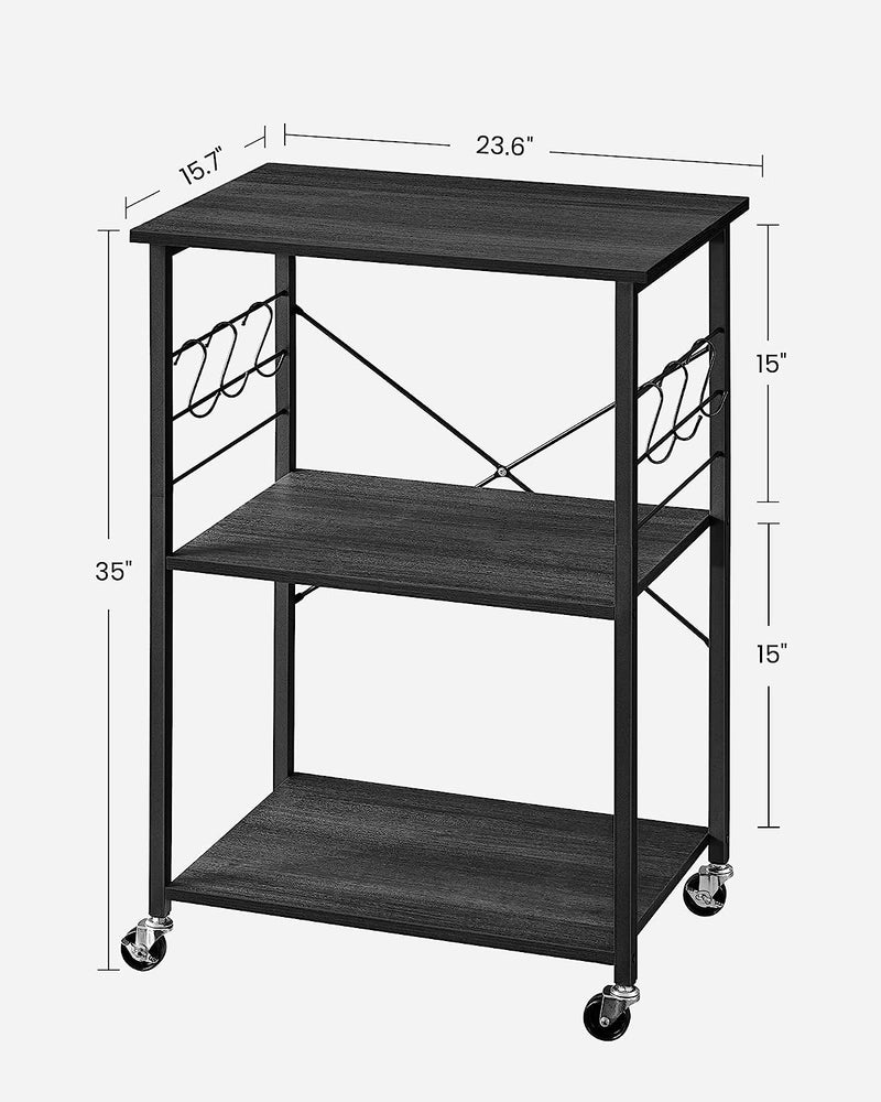 Polita de Bucatarie  cu Roti, Troliu de Servire cu 3 Polite, Troliu de Bucatarie, Polita pentru Cuptorul cu Microunde, pentru Mini Cuptor, Tostator, cu 6 Carlige, Stil Industrial, Finisaj Stejar Ebonesc si Negru, VASAGLE