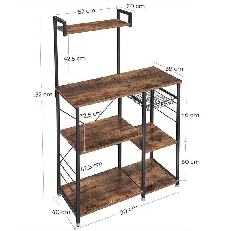 Rack de Bucatar  cu Polite, Suport pentru Cuptorul cu Microunde cu Cos Metalic, 6 Carlige S, Polita de Bucatarie, Depozitare Utilitara pentru Condimente, Oale si Tigai, Maro Rustic, VASAGLE