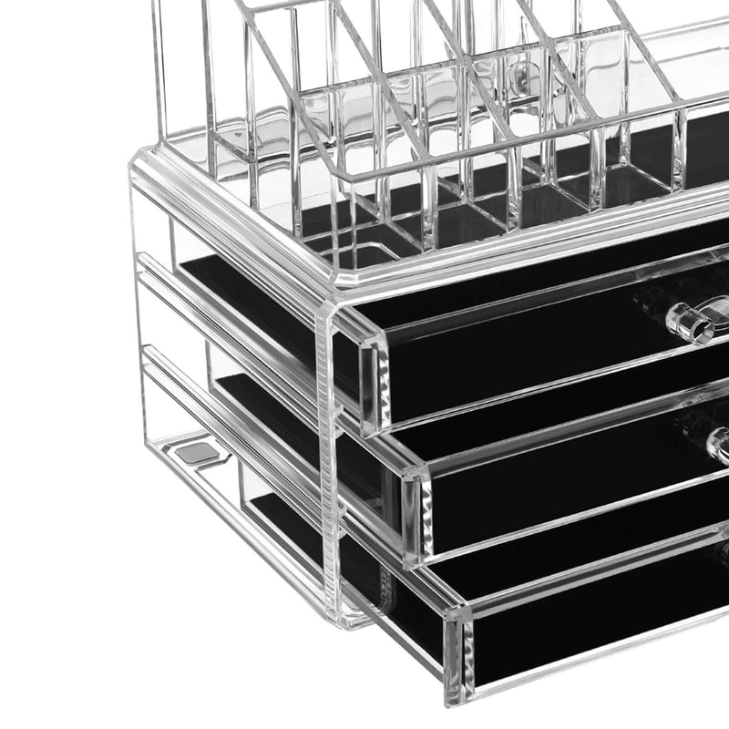 Organizator de Machiaj, Set de 2 Cutii pentru Machiaj, Organizator Cosmetice cu 3 Sertare si 15 Compartimente Variate, pentru Rujuri, Pensule, Transparent SONGMICS