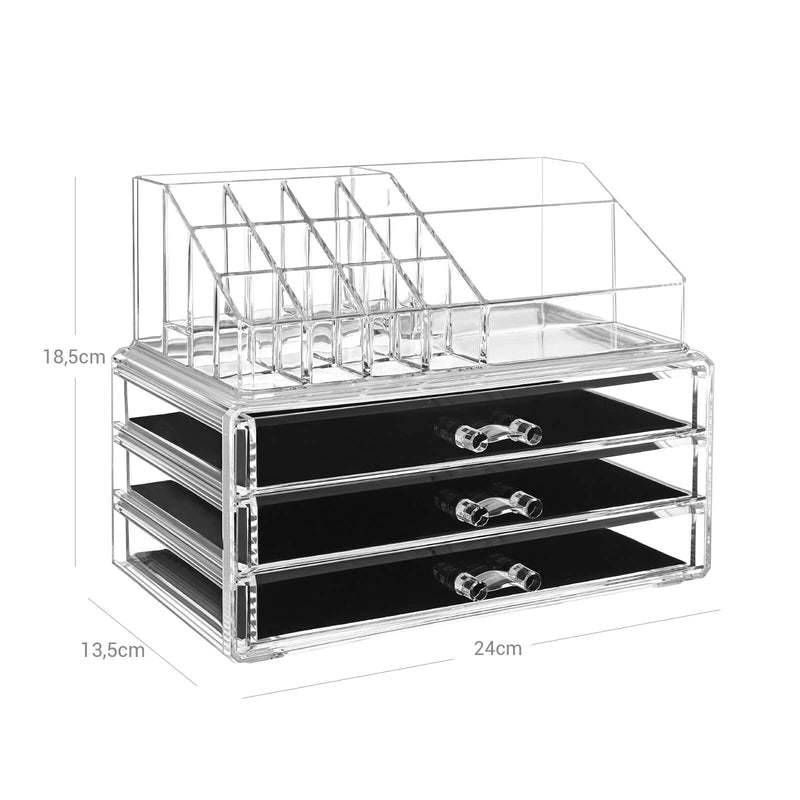 Organizator de Machiaj, Set de 2 Cutii pentru Machiaj, Organizator Cosmetice cu 3 Sertare si 15 Compartimente Variate, pentru Rujuri, Pensule, Transparent SONGMICS