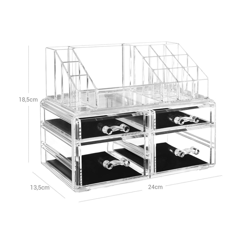 Organizator de Machiaj din Acrilic, Depozitare Cosmetice si Bijuterii cu 4 Sertare Transparente, Set de 2 Bucati SONGMICS