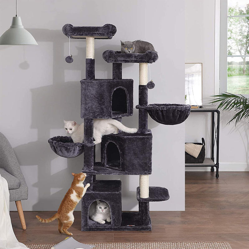 Ansamblu de joaca mare pentru pisici, cu 3 pesteri pentru pisici, 164 cm, turn pentru pisici, gri fumuriu, 55 x 40 x 164 cm, FEANDREA