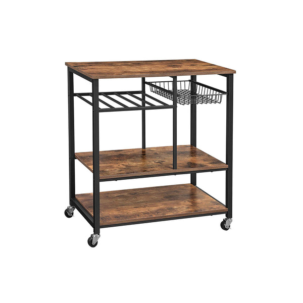 Rack de Bucatar  cu Roti, Insula de Bucatarie, Troliu pentru Mancare cu Cos Metalic, Suport pentru Sticle si Polite de Depozitare, 80 x 40 x 86.5 cm, Stil Industrial, Maro Rustic, VASAGLE